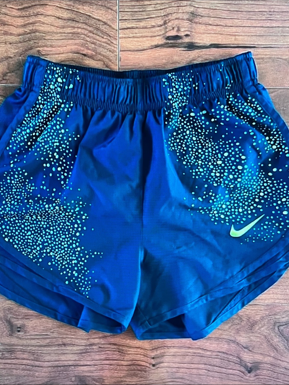 Nike Women's Deep Blue Athletic Shorts with Neon Teal Dot Pattern